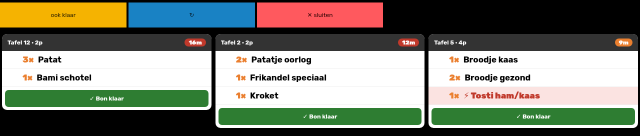 Het V7-keukenscherm met openstaande bonnen, wachttijden en spoed-items